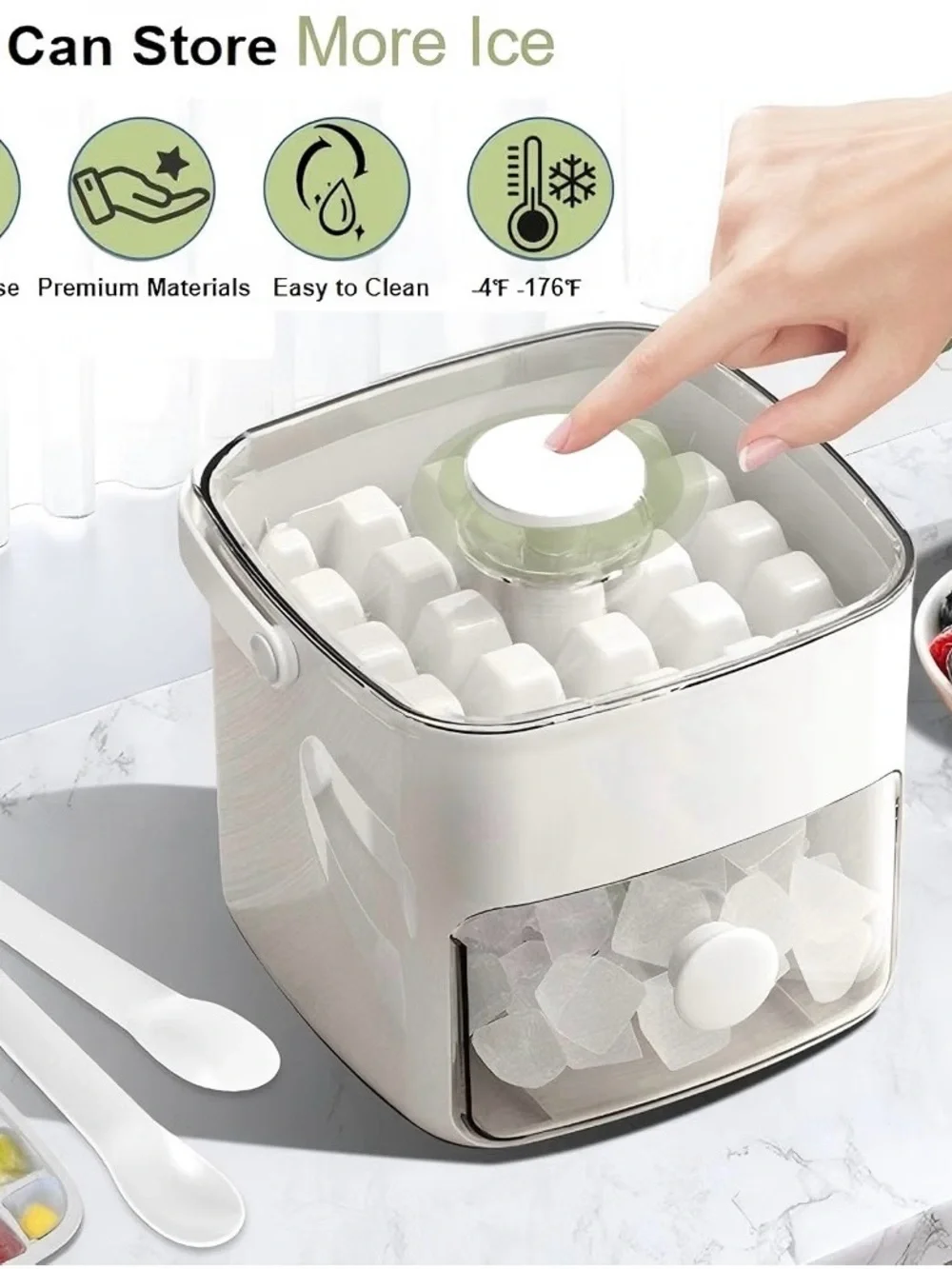 Press Ice Cube Maker Bin Set with Easy Release & Tongs - Off-White